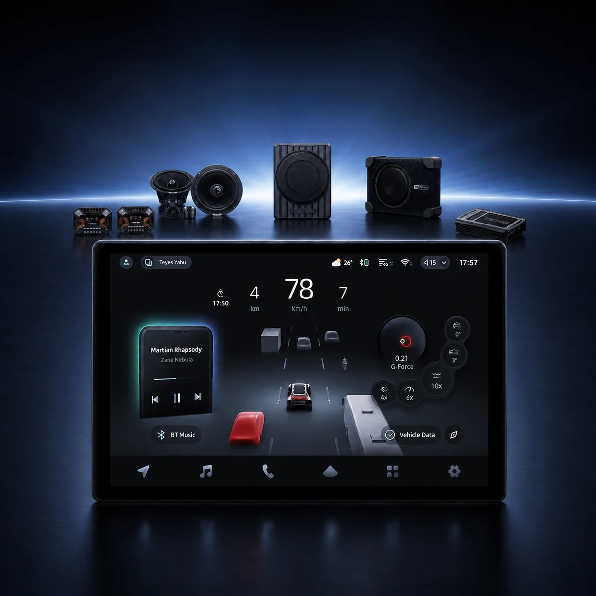 TEYES CC4 Pro smart head unit with speakers, subwoofer and amplifier